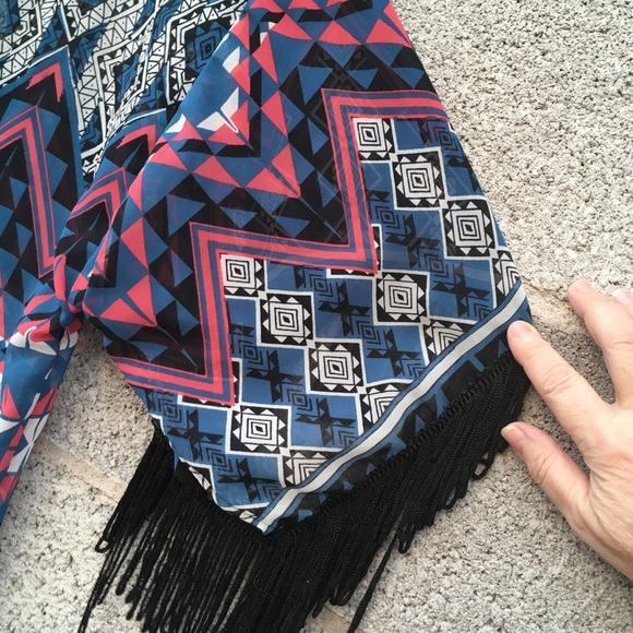 Angie Kimono Open Front Cardigan Fringe Medium Multicolor Geometric Lightweight - Picture 5 of 8